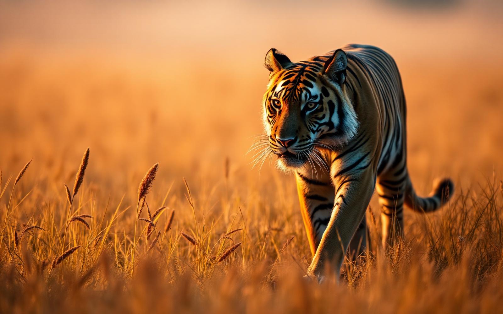 A tiger walking through tall golden grass at dawn